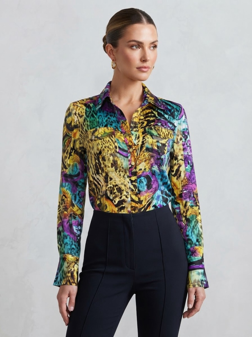 Vintage Y2K Caché Silk Status Baroque Animal Print Gold Snap Blouse Top Size M